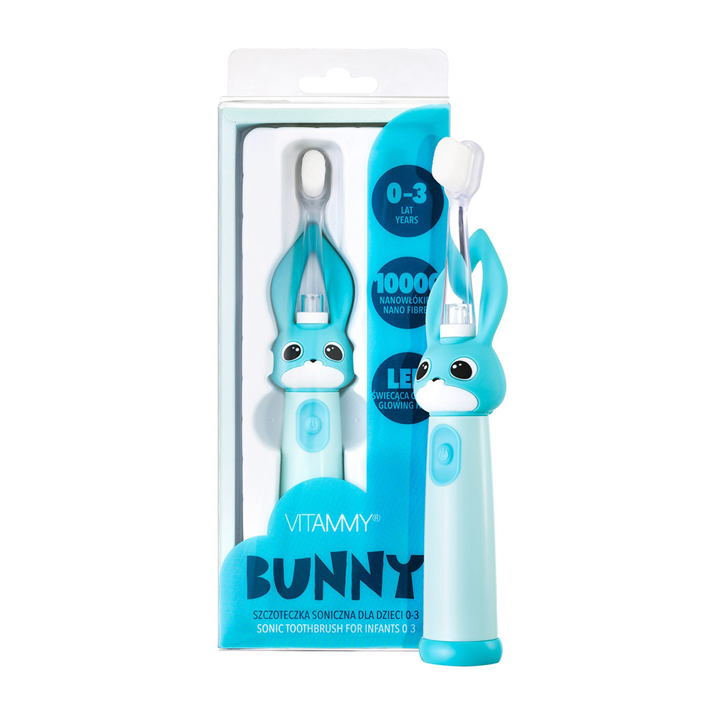 Periuta de dinti electrica Vitammy Bunny Light Blue, pentru copii 0-3 ani, cu lumina LED si efecte sonore, 24.000 de miscari/min, 2 programe de periaj, fibre nano